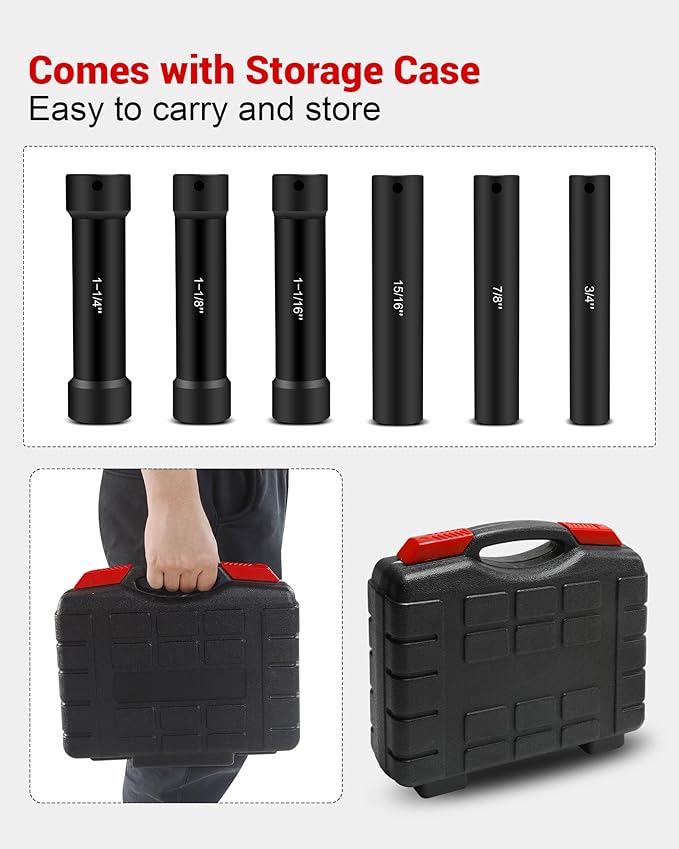 1/2 Inch Drive Extended Length Impact Socket Set, 6 Sizes Extra Deep Socket Set Include Sizes 3/4", 7/8", 15/16", 1-1/16", 1-1/8", 1-1/4" for High Torque Use with Case