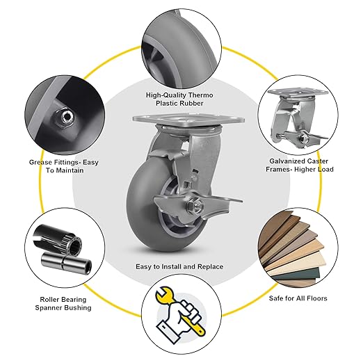 5" x 2" Thermoplastic Rubber Wheels (Crown Tread)- Set of 4 Heavy Duty Casters- 1600 LB Capacity- No Noise Plate Caster for Furniture Platform Trucks Workbench (2 Brake & 2 Swivel)