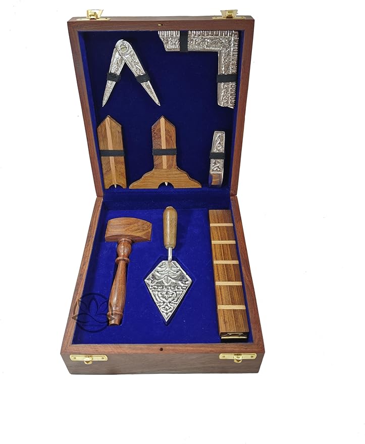 Masonic Toolset Wooden Premium Handcrafted Masonry Tools Trowel Gavel Square Compass and Level Ruler Set with Wooden Box Wooden Gavel and Trowel (Medium)
