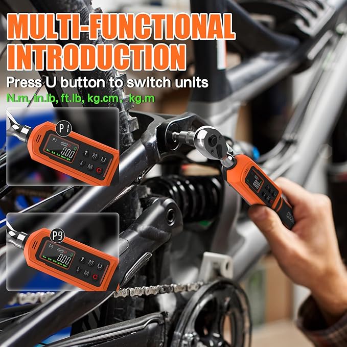 coobeast Digital Torque Wrench, 3/8 Drive Electronic Torque Wrench Set with Preset Value(0.66-44.29 Ft-lbs./0.9-60Nm), Buzzer and LED Flash Five Units of Measure Torque Wrench for Bicycle, Bike