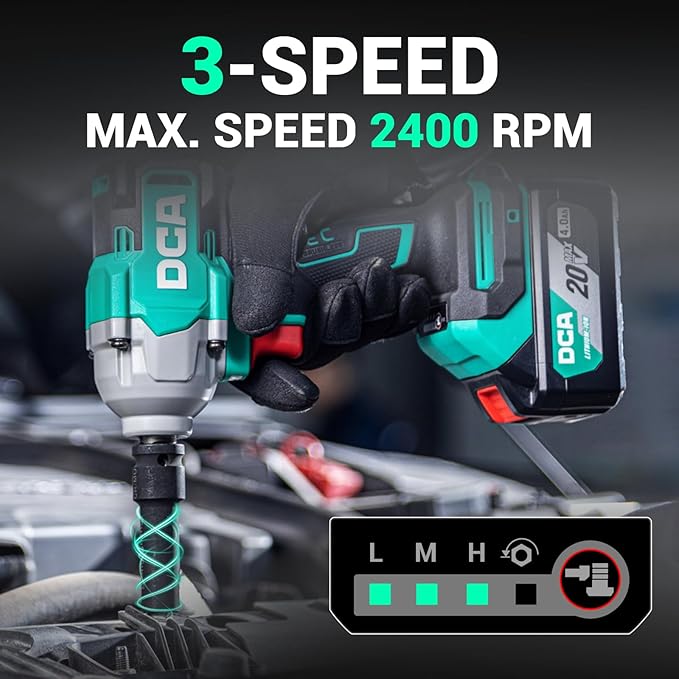 DCA 20V Brushless Impact Wrench Cordless, 682Nm Max Torque, 1/2" Hog Ring Impact Gun, 2 * 4000mAh Li-ion Battery, 4 Modes, LED Light, Compact Design, Smart Loosen Function