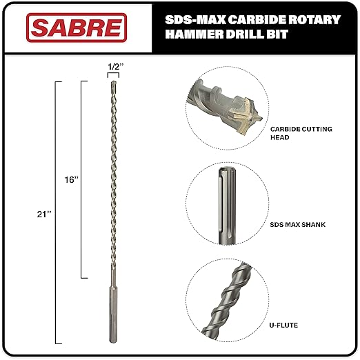 Sabre Tool 1/2 Inch x 21 Inch SDS MAX Rotary Hammer Drill Bit, U-Flute, Carbide Tipped for Brick, Stone, and Concrete (1/2inches x 16inches x 21