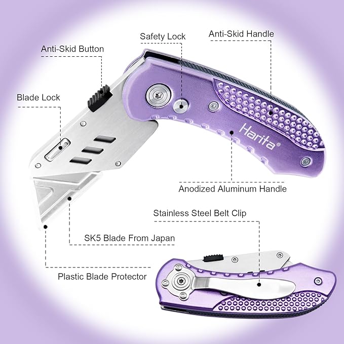 Harita Utility Knife Box Cutter Quick Change Blades, Back-lock Mechanism, Portable Belt Clip, with 5-piece Extra Blades, Purple