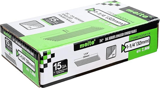 meite 15 Gauge Finish Nails 1-1/4-Inch 34 Degree Angled Galvanized Finishing Nails for Electric or Pneumatic Nailer Gun - No-Rust DA Nail for Cabinet Building Window Trim Fine Woodworking, 16,000PCS