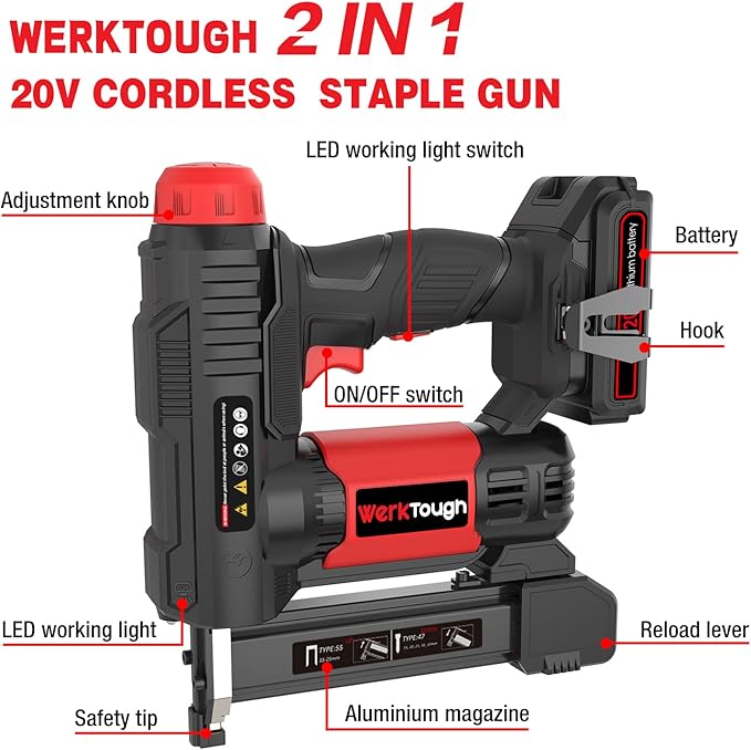 20v Cordless Staple Gun Brad Nailer 2 in 1 Aluminum Metal magzine 1 Hour Fast Charger 2000mA Lithium Battery 2000pcs Free Staples(90 4/5??000+18GA 1?쓝1000) in Tool Case