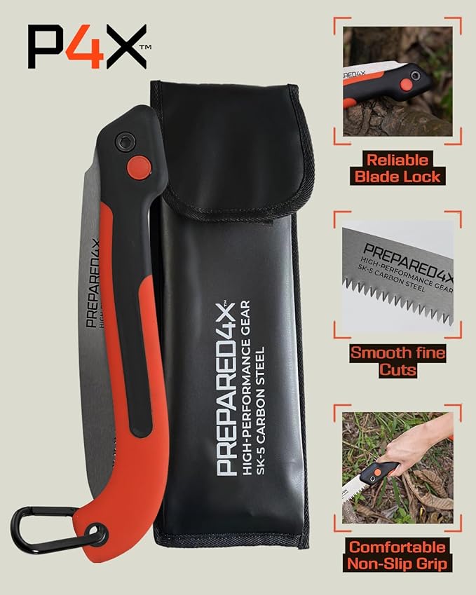 Prepared4X Folding Saw - 8.5" Camping Saw for wood cutting -Heavy Duty, Lightweight SK-5 Steel Blade with Safety Lock, Ergonomic Non-Slip Grip