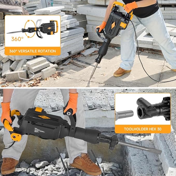 Hoteche 1800W Demolition Electric Jack Hammer 1800 BPM Heavy Duty Concrete Breaker with Point and Flat Chisel