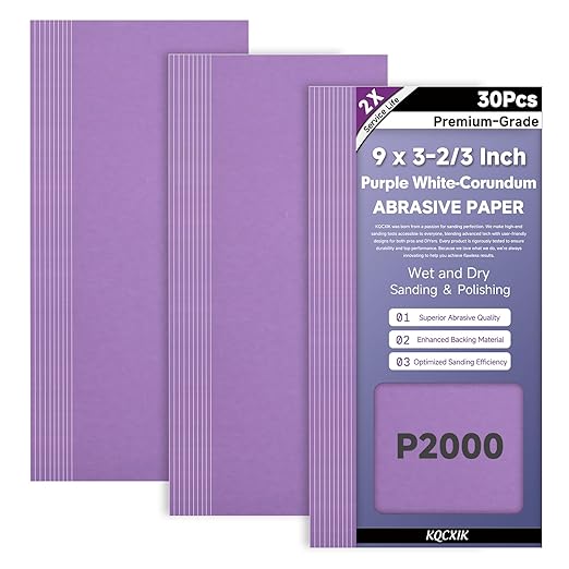 30-Sheet Premium White Corundum 2000 Grit Sandpaper, 9 x 3-2/3 Inch Wet Dry Abrasive Sheets for Wood Metal Automotive Fine Sanding and Polishing