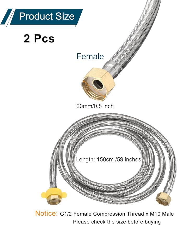 uxcell 2Pcs 79" Faucet Supply Lines Connector Stainless Steel Braided Long Faucet Connector G1/2 Female Compression Thread x G1/2 Female Straight Thread for Kitchen Sink Bathroom (Silver)