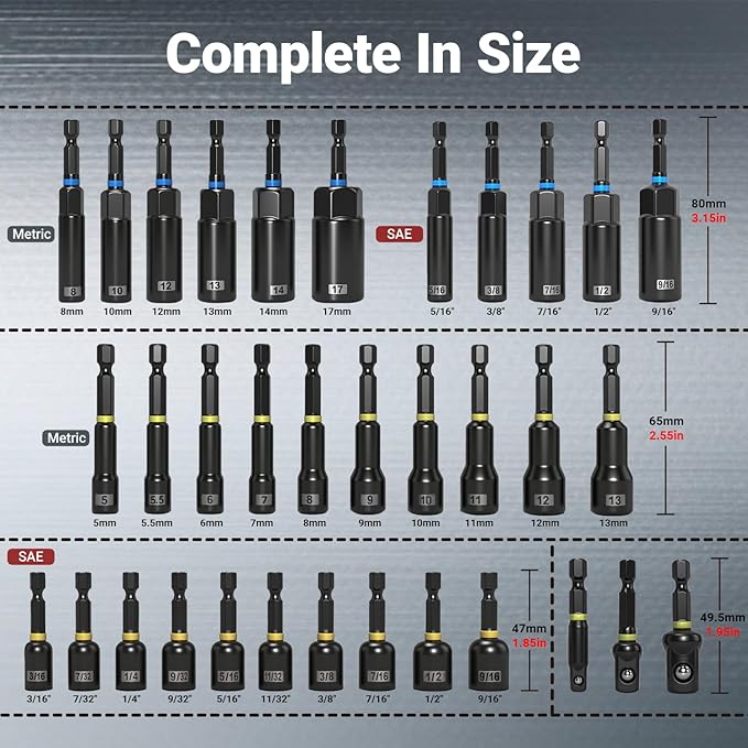 80-Piece Impact Magnetic Nut Driver Set, SAE/Metric Nut Driver Set, Socket Adapters, Bit Holder, Wing Nut Driver, Universal Sockets, Quick Release Extension, Power Bits, Slotted Storage Box