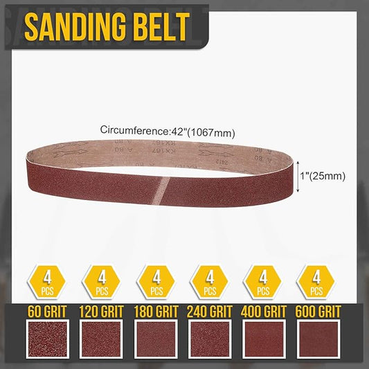 1 x 42 Inch Sanding Belt, 24 Pcs 80/120/180/240/400/600 Grits Aluminum Oxide Knife Sharpener Belts Work Sharpening for Belt Sander Knife Carving Tool Metal Working