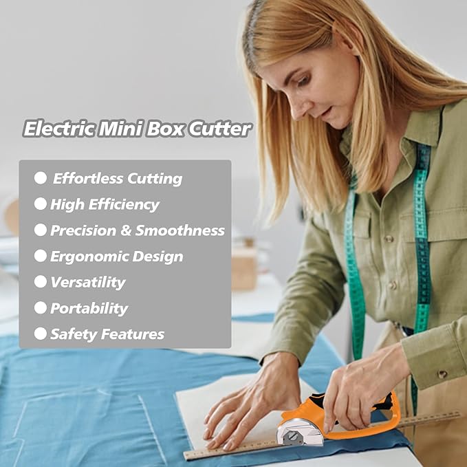 Cordless Electric Scissors, 4V Rechargeable Box Cutter & Cardboard Cutter with Titanium Blade, LED Light, Safety Lock - Rotary Cutter for Fabric, Leather, Carpet, Plastic, Crafting, Sewing(Orange)