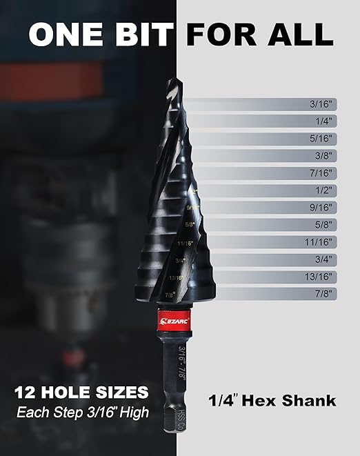 EZARC Step Drill Bit for Metal, M35 Cobalt Step Drill Spiral Flute Unibit Step Drill Bit (3/16''-7/8'') Wear-Resistant AlTiN Coated, 1/4" Hex Shank for Metal, Stainless Steel, Aluminum, Plastic