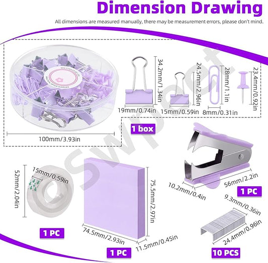 Swpeet 9Pcs Purple Office Supplies Kit, Desk Accessories Including Stapler, Tape Dispenser, Staple Remover, Tabs, Scissors, Staples, Tape, Clips and Sticky Note Ideal for Office and School