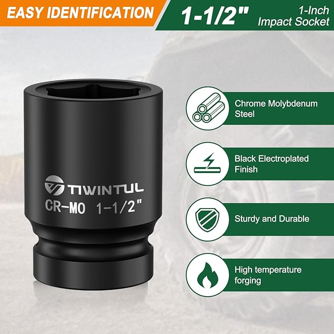 1-1/2" Impact Socket 1" Drive, 6 Point Design CR-MO Axle Nut Socket ANSI Certified Heavy Duty Socket 1 Inch Drive for Truck Wheel Hub Trailer Construction & Industrial Equipment