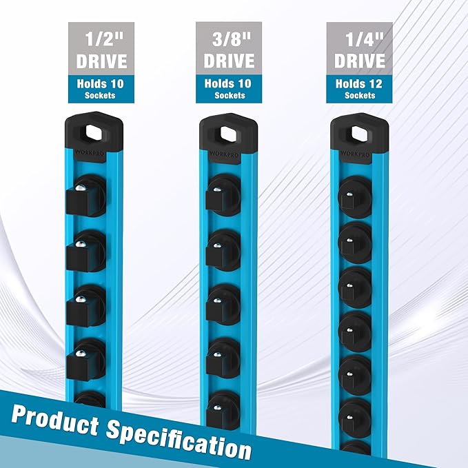 WORKPRO Magnetic Socket Organizer, 3/8-Inch Drive Aluminum Alloy Socket Rail, Heavy Duty Socket Holder, Socket Rack Kit 3/8-Inch x 10 Clips Sky Blue (Socket not Included)