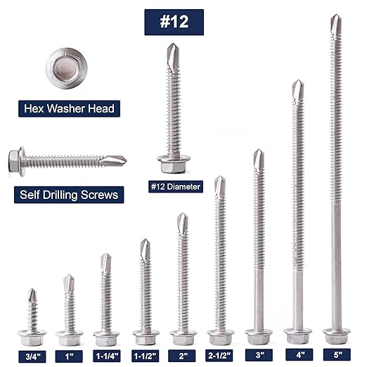 #12 x 3/4" Sheet Metal Screws 100PCS 410 Stainless Steel Hex Washer Head Fast Self Tapping Screws by SG TZH