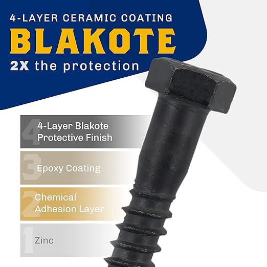 1/2" x 3?? 25-Piece Black Lag Bolts, Rustproof 4-Layer Ceramic BLAKOTE, 2X Protection of Galvanized Lag Screws, for Decks Pergolas by Makers Bolt