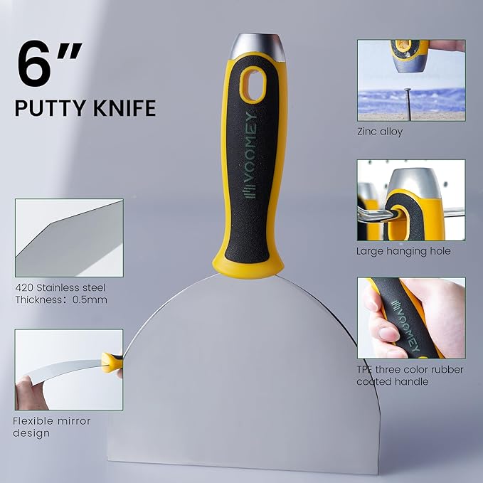 VOOMEY 6 Inch Stainless Steel Putty Knife & Paint Roller Cleaner, Flexible Drywall Spackle Tool with Paint Brush Comb, Professional Wall Repair