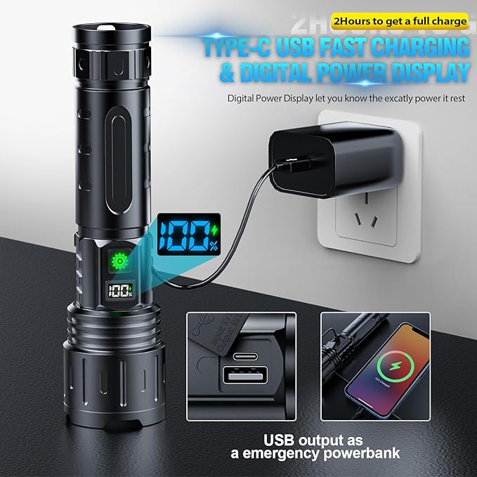 Hoxida Flashlights 2000 High Lumens Rechargeable - 1500 Meters Long Beam Super Bright LED Flash Light with Power Display & IPX5 Waterproof for Camping, 20H Runtime,5 Modes,Zoomable with Belt Holsters