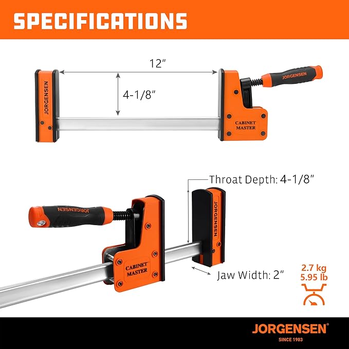 JORGENSEN 12-Inch Parallel Bar Clamp, Heavy-Duty Cabinet Master Clamp for Woodworking Glue-Up, 2200 lbs Force, Quick Release, Spreader Function, 2-Pack