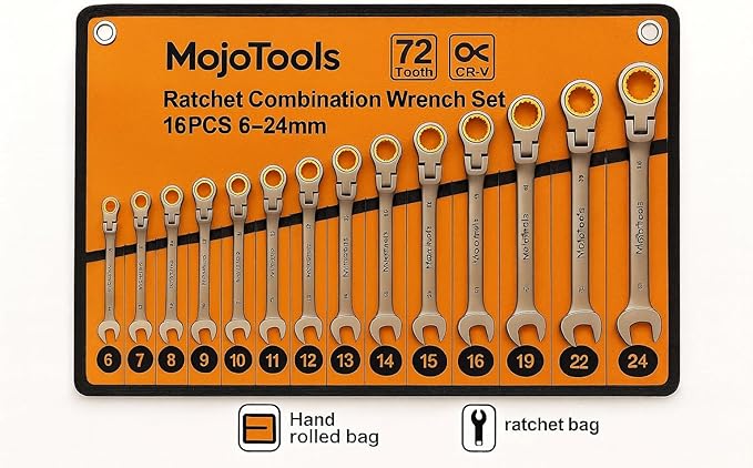 Ratchet Wrench Set, 16-Piece Flex-Head Ratcheting Combination Wrench Set, Metric Wrench Set 6??4 mm, 72-Teeth Cr-V, Nickel-Plated with Wrench Organizer Roll Bag