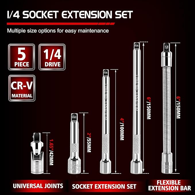 5-Piece 1/4 Inch Drive Extension Bar Set, Includes 2, 4, and 6 Inch Extensions, 1/4 Inch Drive Universal Joint Socket and Flexible Socket Extension Bar