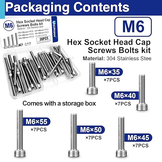 35Pcs M6 Hex Socket Head Screws, Stainless Steel Full Thread Bolts Assortment Kit in 35mm, 40mm, 45mm, 50mm, 55mm