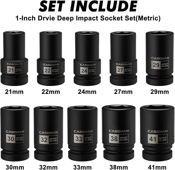 CASOMAN 10PCS 1-Inch Drive Deep Impact Socket Set, Metric, CR-MO, 21,22,24,27,29,30,32,33,38,41mm, Deep Spindle Axle Nut Impact Socket Set