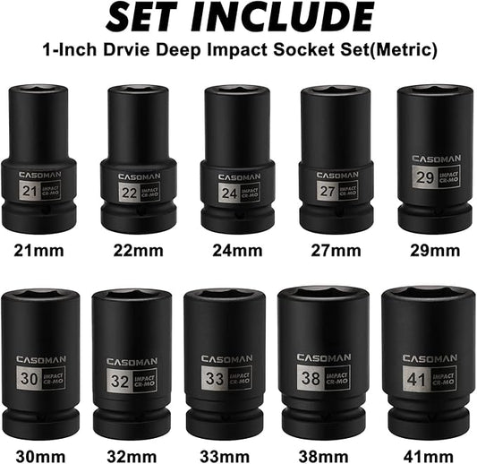 CASOMAN 10PCS 1-Inch Drive Deep Impact Socket Set, Metric, CR-MO, 21,22,24,27,29,30,32,33,38,41mm, Deep Spindle Axle Nut Impact Socket Set