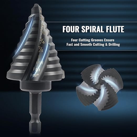 ZELCAN Step Drill Bit Set, 5PCS Four Spiral Flute Step Bits for Metal, 50 Sizes Titanium-Coated HSS Drill Bits with 1/4" Hex Shank for Stainless Steel Aluminum Wood Plastic