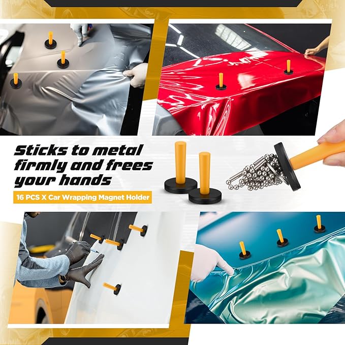 Dunkive 16 Pcs Yellow Car Vinyl Wrap Magnets Holder Tool Kits for Car Wrapping and Crafts Sign Making Window Tint Tools Magnets
