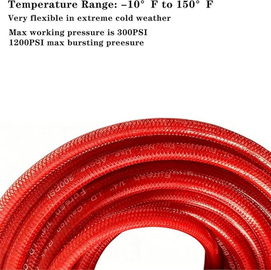 Air Hose 1/4 in x 100 ft, Polyurethane(PU), Reinforced Air Compressor Hose, Lightweight, Kink Resistant with 1/4??Industrial High Flow Quick Coupler and Plug, Bend Restrictors,300 PSI (Red, 100FT)