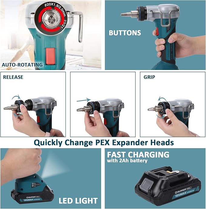 ZUPPER PEX Expansion Tool Kit,18V Cordless PEX-A Expander Tool with 1/2" 3/4" 1"PEX Expander Heads 2pcs Battery Fast Charger