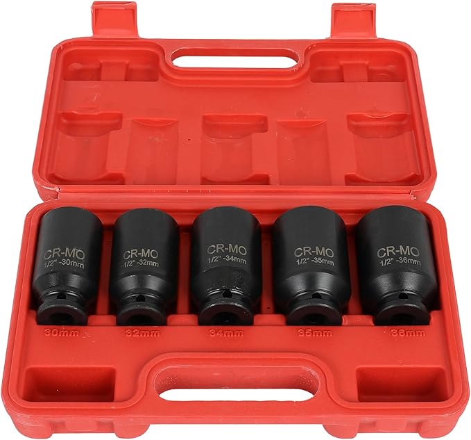 SCITOO 1/2 5PCS Drive Deep Impact Axle Hub Socket Set,Axle Nut Hub Impact,12 Point,30mm-36mm(30mm,32mm,34mm,35mm,36mm)