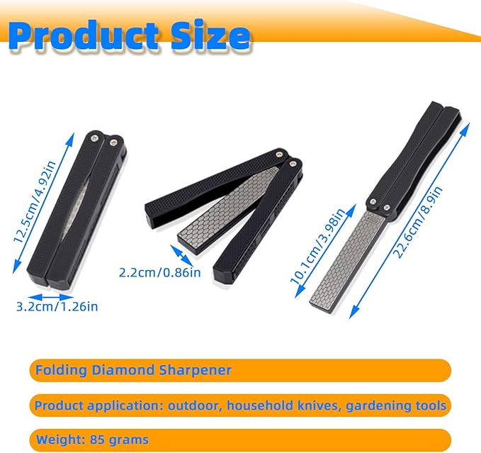 Knife Sharpener ??Orange/Black Pocket Portable Diamond Sharpening Stone, Two-sided 400/600 Grit, Folding Design for Outdoor and Home Use, Comes with a Blue Diamond Polishing Rod (Black)