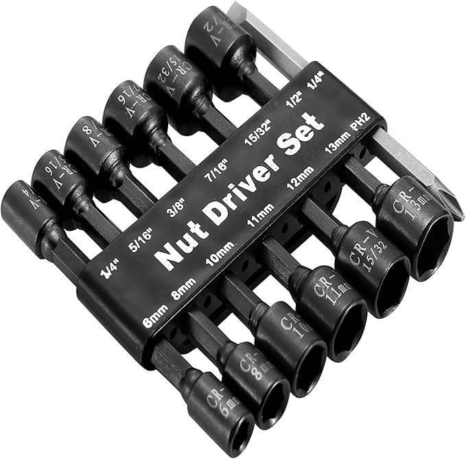 MacWork 14PCS Magnetic Hex Nuts Driver Set for Impact Drill, CR-V Steel, SAE 1/4" to 15/32", Metric 6mm to 13mm, 1/4" Hex Shank Drill Bit Set Screwdriver Socket Set