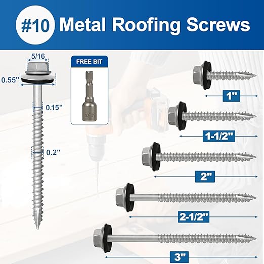 Metal Roofing Screws #10×2-1/2Inch, 320-PCS, Hex Head Rustpert Coating Sheet Metal to Wood Siding Screw with EPDM Rubber Washer, Sharp Point, Hex Socket Included