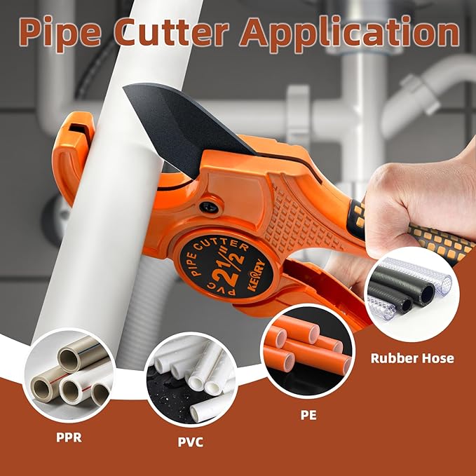 Kerry PVC Pipe Cutter with SK5 Blade, Outer Diameter Up to 2-1/2" Ratcheting Heavy-Duty PEX POLY PE PPR Plastic Hoses and Plumbing Tube Cutting Tool, Thicken Aluminum Body Efficient Extended Handle