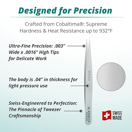 Excelta M-3-CO Cobaltima Miniature Straight Very Fine Point Tweezers, Heat Resistant to 932°F, Anti-Magnetic, 3.13" Long, Elite
