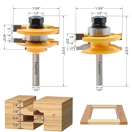 Exqutoo 3PCS 1/4" Shank Router Bit Set, Raised Panel Cabinet Door Making Router Bits, Cemented Carbide Router Bits, Woodworking Tools Router Door & Window Bits (Tenon Joint Cutter Diameter: 1-3/4")