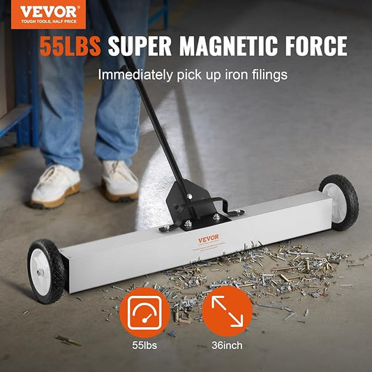 VEVOR 55Lbs Rolling Magnetic Sweeper with Wheels, 36-inch Large Magnet Pickup Lawn Sweeper with Telescoping Handle, Push-Type Magnetic Pick Up Sweeper, Easy Cleanup of Workshop Yard Garage