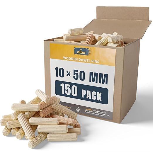 ALBO Wooden Dowel Pins 10mm x 50mm Fluted Wood Dowels Rods 150 Pack Hardwood Crafts Dowel Pegs