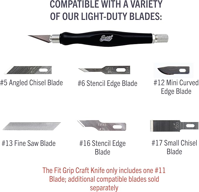 Excel Blades Fit Grip Craft Knife 3-Pack With #11 Ultra-Sharp Carbon Steel Angled Blade ??Precision Hobby Knife with Contoured Rubberized Grip for DIY, Art Crafts ??Black, Made in the USA
