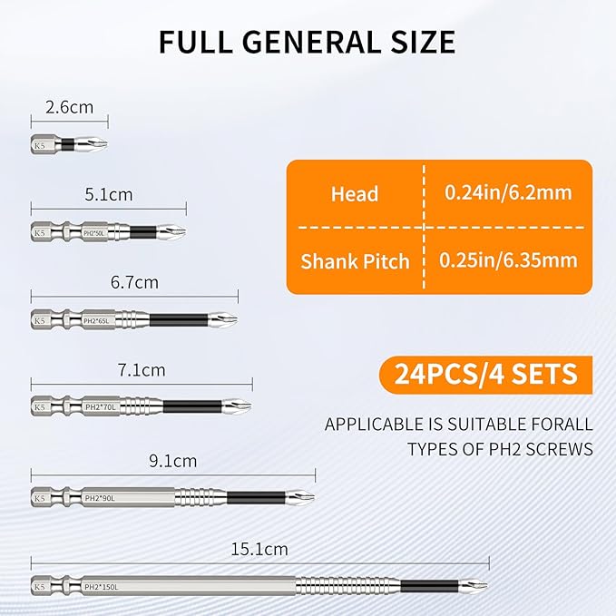 24 Pcs High Magnetic Screwdriver Drill Bit Set, K5 Impact Resistant Non-Slip Bits, Strong Magnetic Electric Screwdriver Set, 25/50/65/70/90/150mm (6PCS*4)