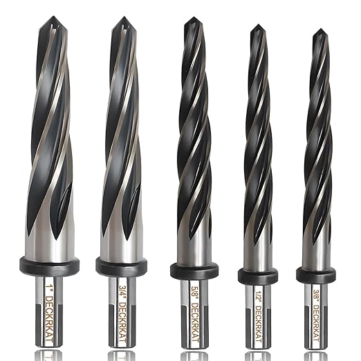 5-Piece 3/8", 1/2", 5/8", 3/4", 1" Reamer Drill Bit for Metal, M2 HSS Taper Reamer for Steel, Alloy, Wood, Plastic to Align, Enlarge Holes ??5-Spiral Flutes, 1/2" Non-Slip Shank, Construction Reamer.
