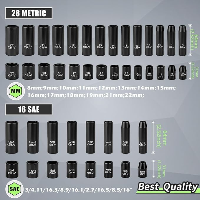 3/8" Drive Socket Set 50-Piece, SAE (5/16" - 3/4") & Metric (8mm - 22mm), Deep & Shallow Impact Socket Set with Case, 6 Points, Premium CR-V, Extension Bars, Universal Joint & Power Drill Adapter