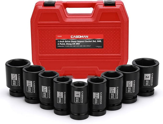 CASOMAN 1-Inch Drive Spindle Axle Nut Impact Socket Set, Deep, 1" to 2", 9PCS Impact Large Socket Set, 6-Point, SAE, CR-MO
