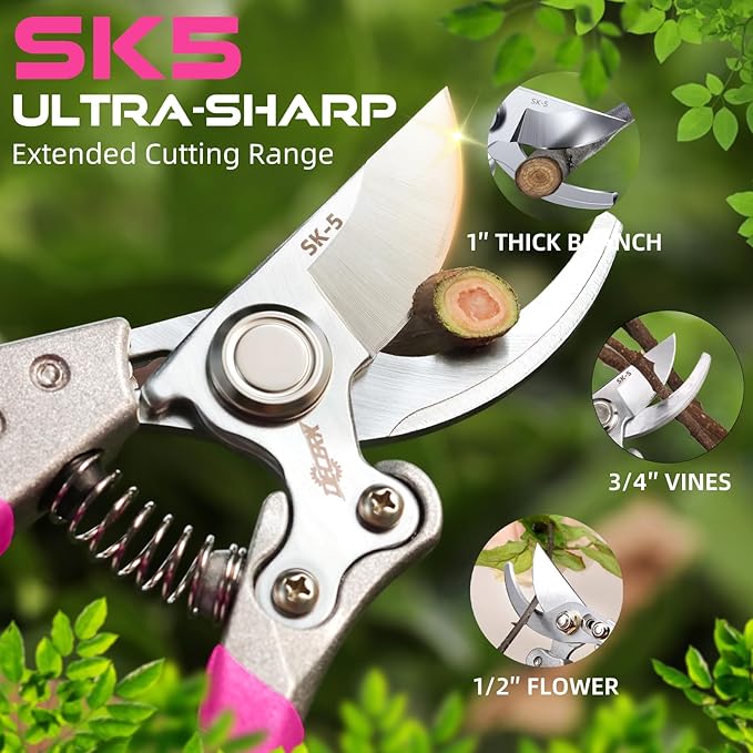 DECERK 8.5" Professional Bypass Pruning Shears ??Heavy Duty Garden Scissors & Clippers for Branch Trimming, Ultra Sharp SK5 Blade, Ergonomic Handle, Perfect Gardening Gift for Women, 2025 Pink Tools