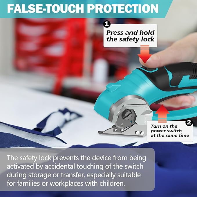 Cordless Electric Scissors, 4V Box Cutter & Cardboard Cutter with Upgrade Blade, LED Light, Safety Lock - Rechargeable Rotary Cutter for Fabric, Leather, Plastic, Sewing, Industrial (Aqua Blue)